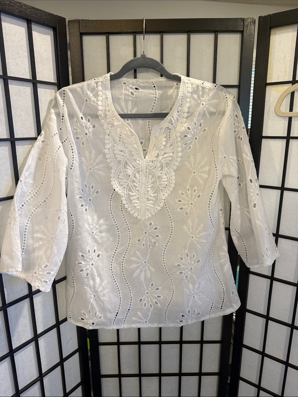 Women's White Eyelet Embroidered V-Neck Tunic